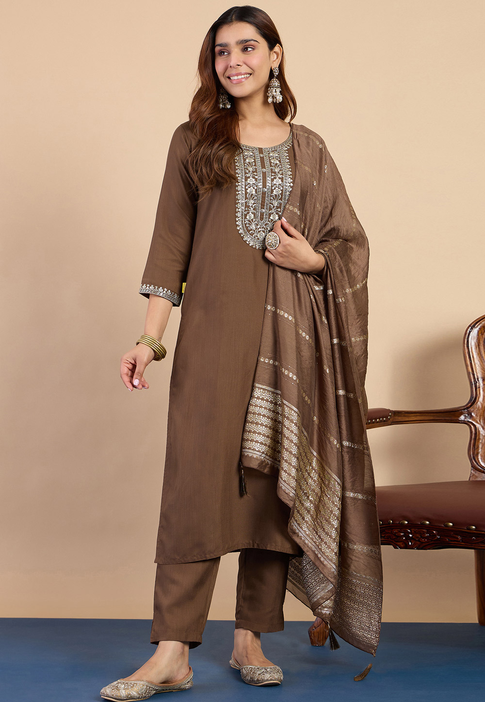 Brown Cotton Readymade Pant Style Suit 328290