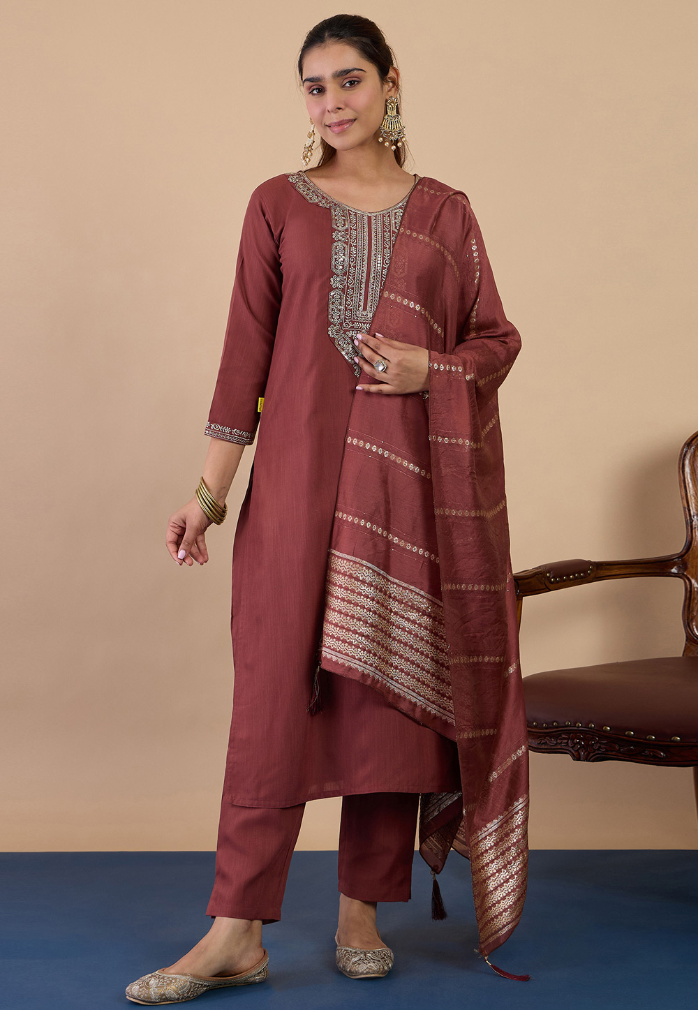 Brown Cotton Readymade Pant Style Suit 328300