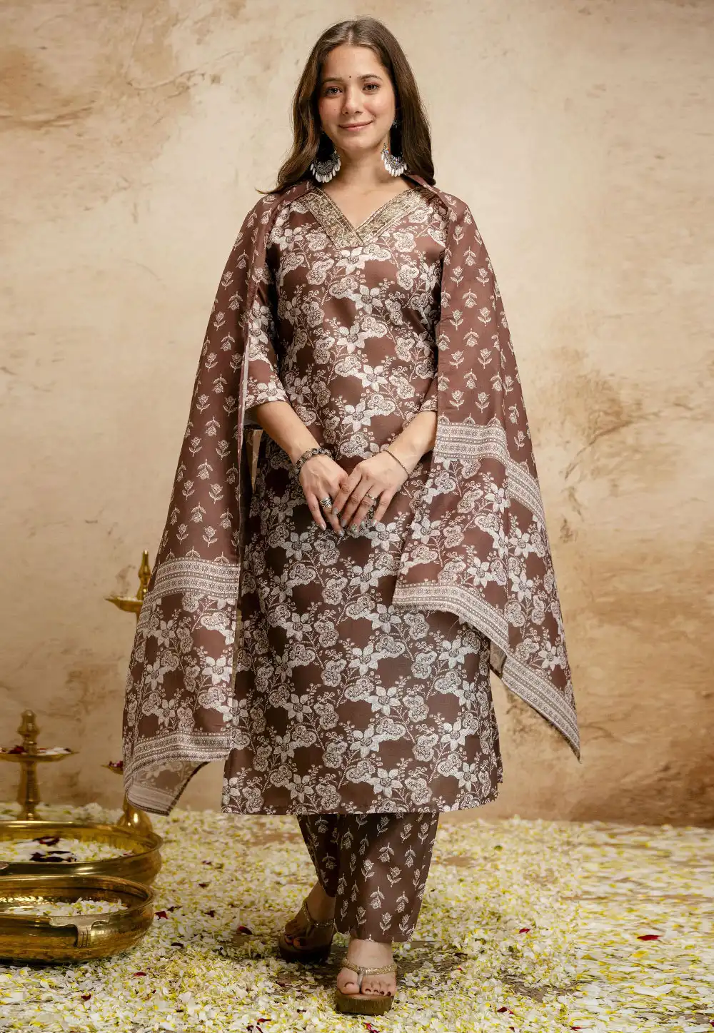 Brown Cotton Readymade Pant Style Suit 328805