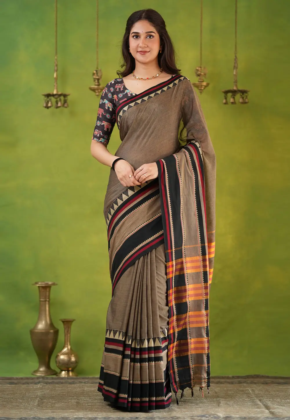 Brown Cotton Saree With Blouse 332740