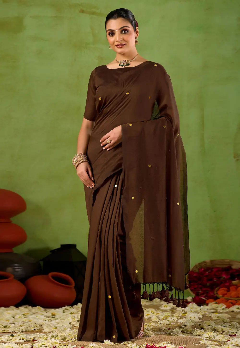 Brown Cotton Saree With Blouse 332683