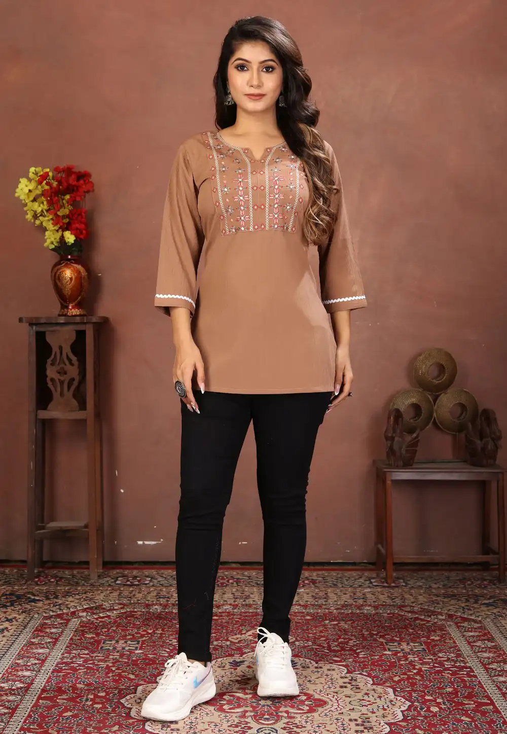 Brown Cotton Short Kurti for Women 321636