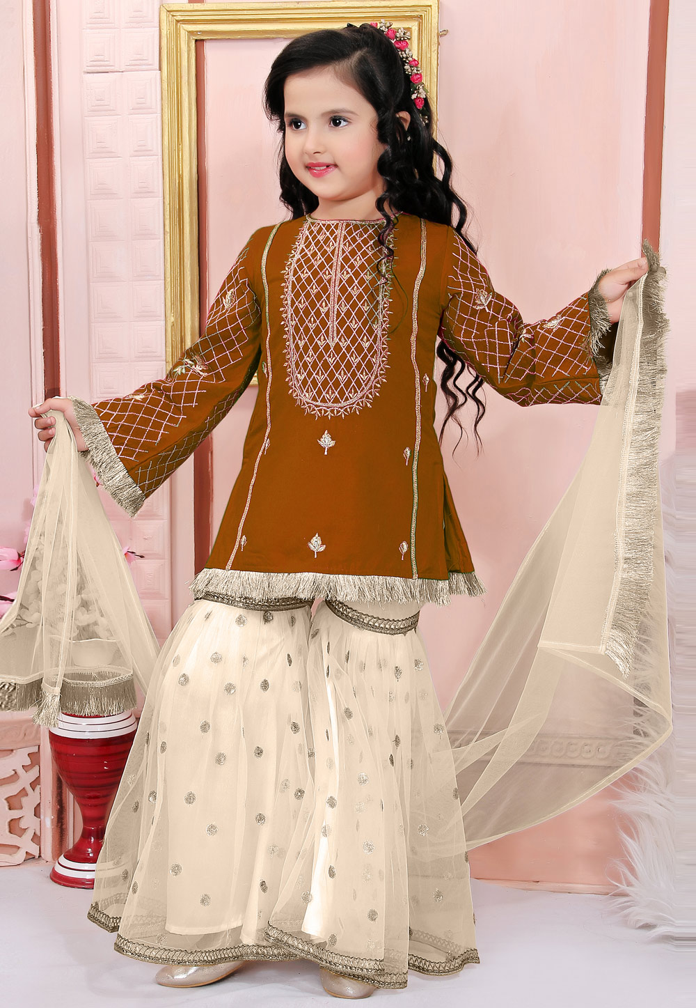 Brown Cotton Silk Kids Sharara Suit 312243
