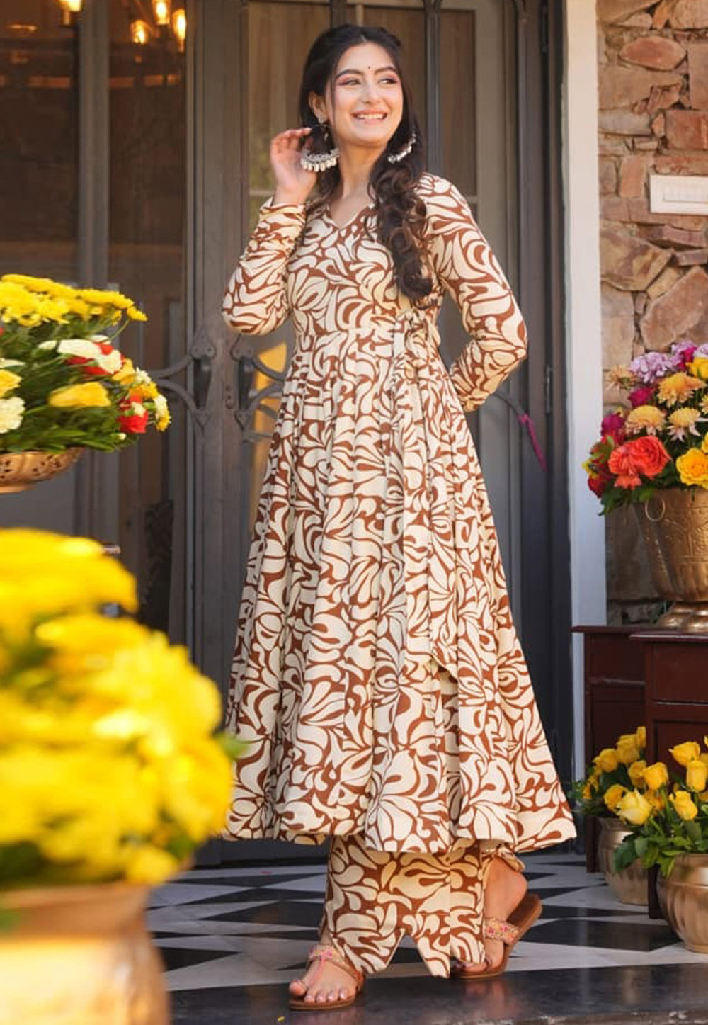 Brown Cotton Silk Kurta Set With Palazzo 324428