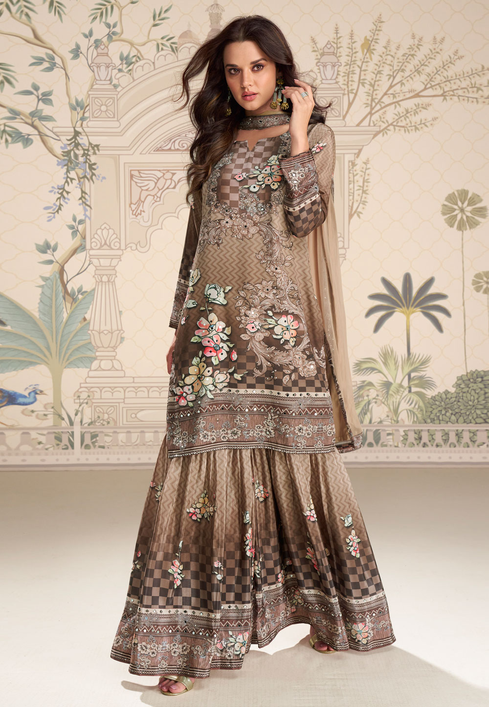 Brown Crepe Silk Sharara Suit 319361