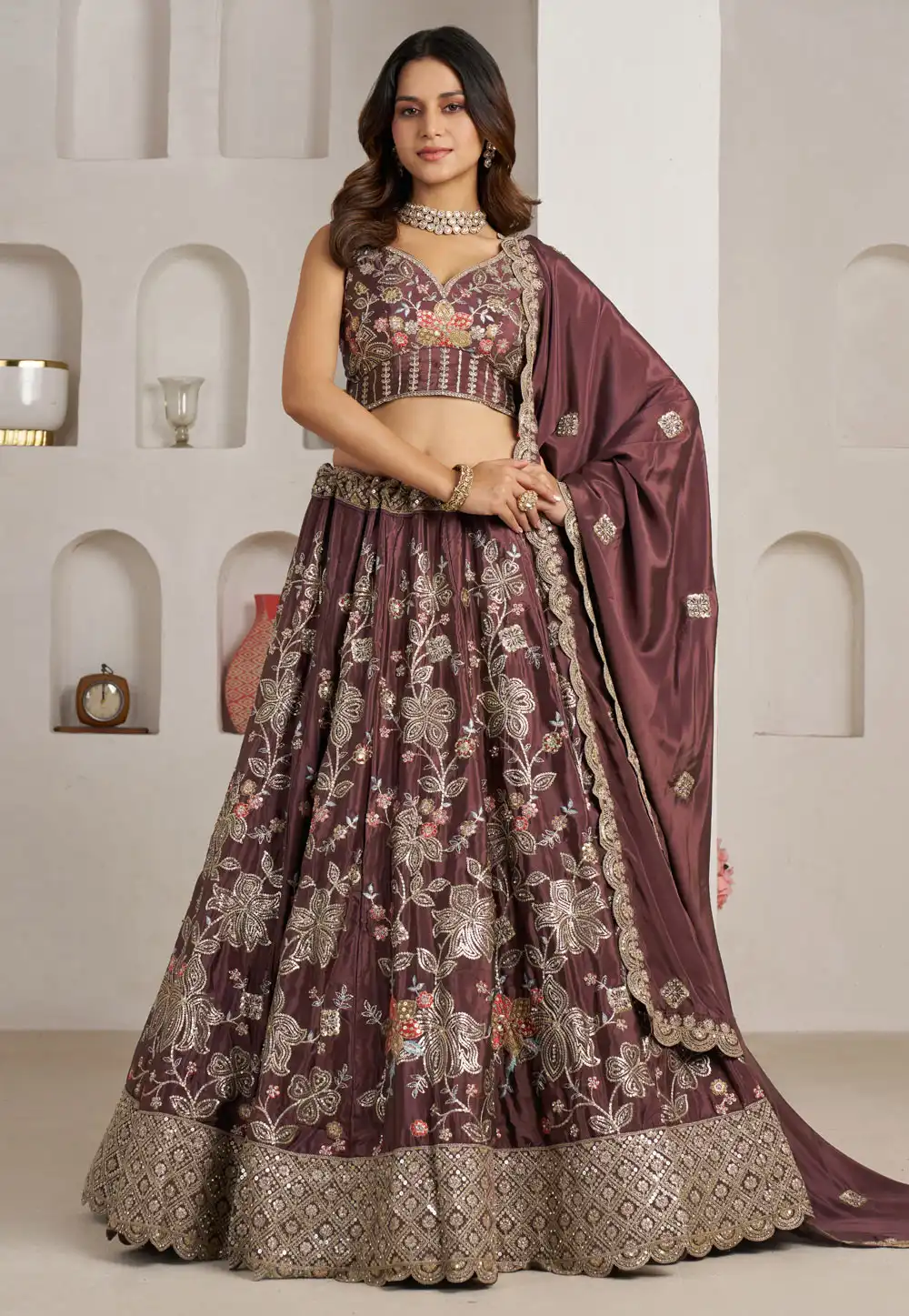 Brown Crepe Silk Wedding Lehenga Choli 329379