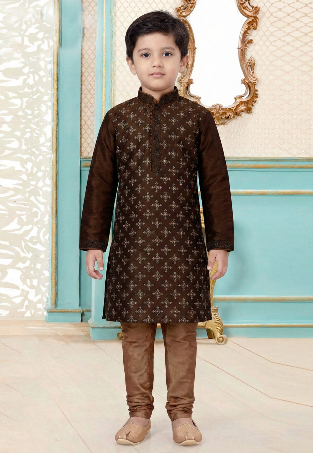 Brown Dupion Silk Kids Kurta Pajama 323163