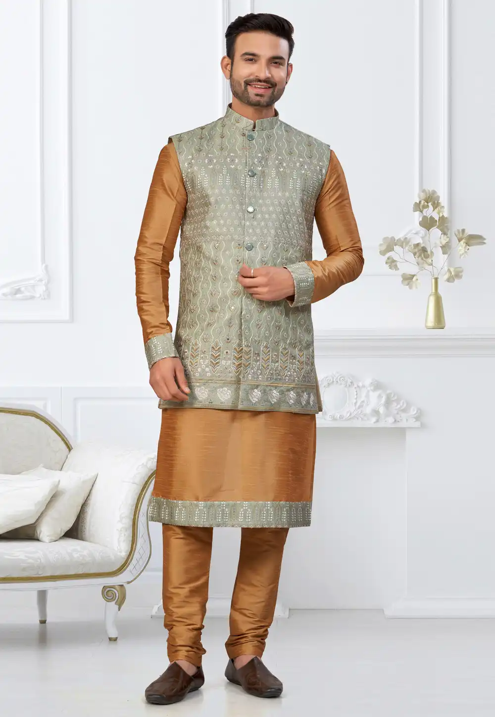 Brown Dupion Silk Kurta Pajama With Jacket 317867