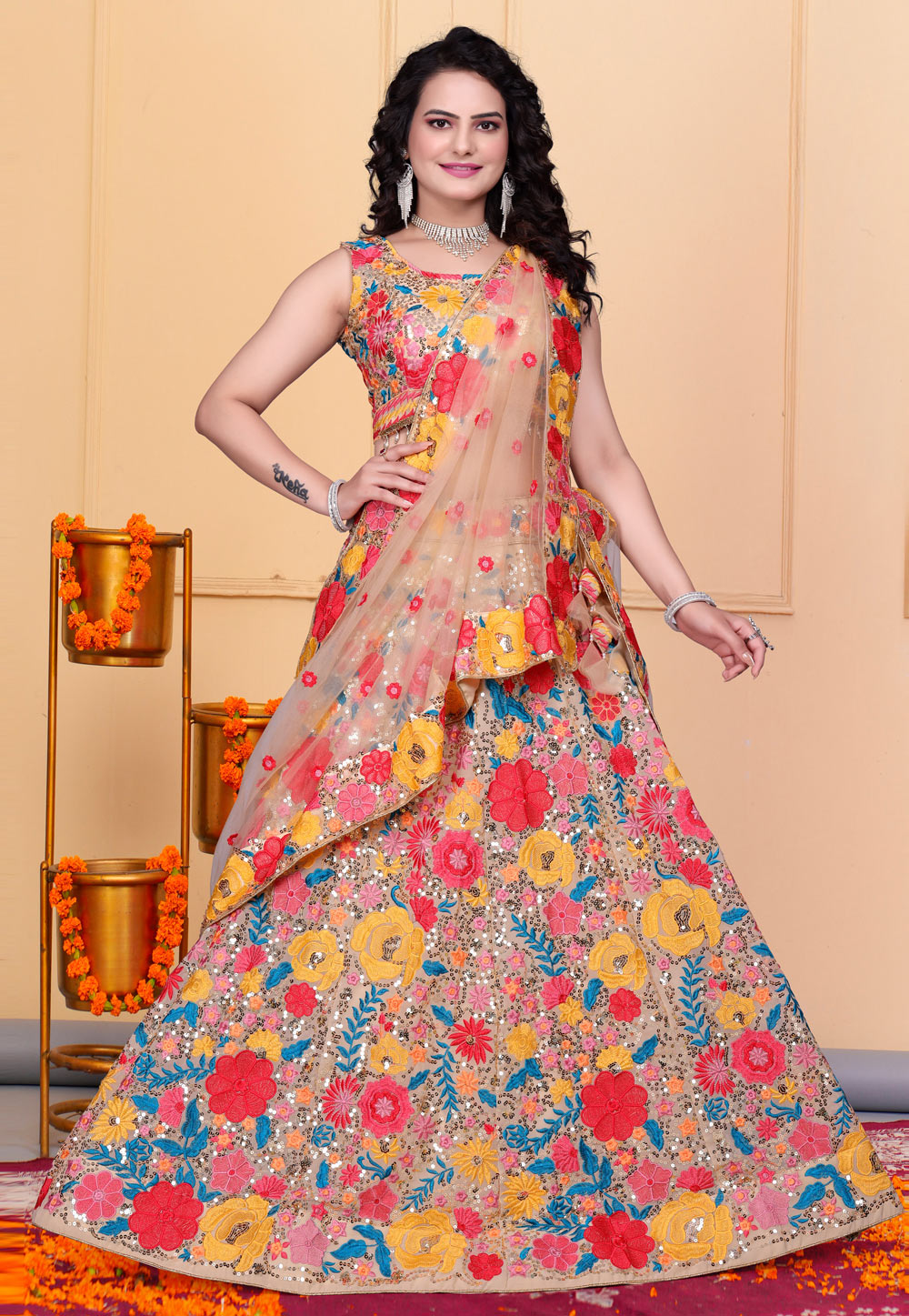 Brown Faux Georgette A Line Lehenga Choli 308318