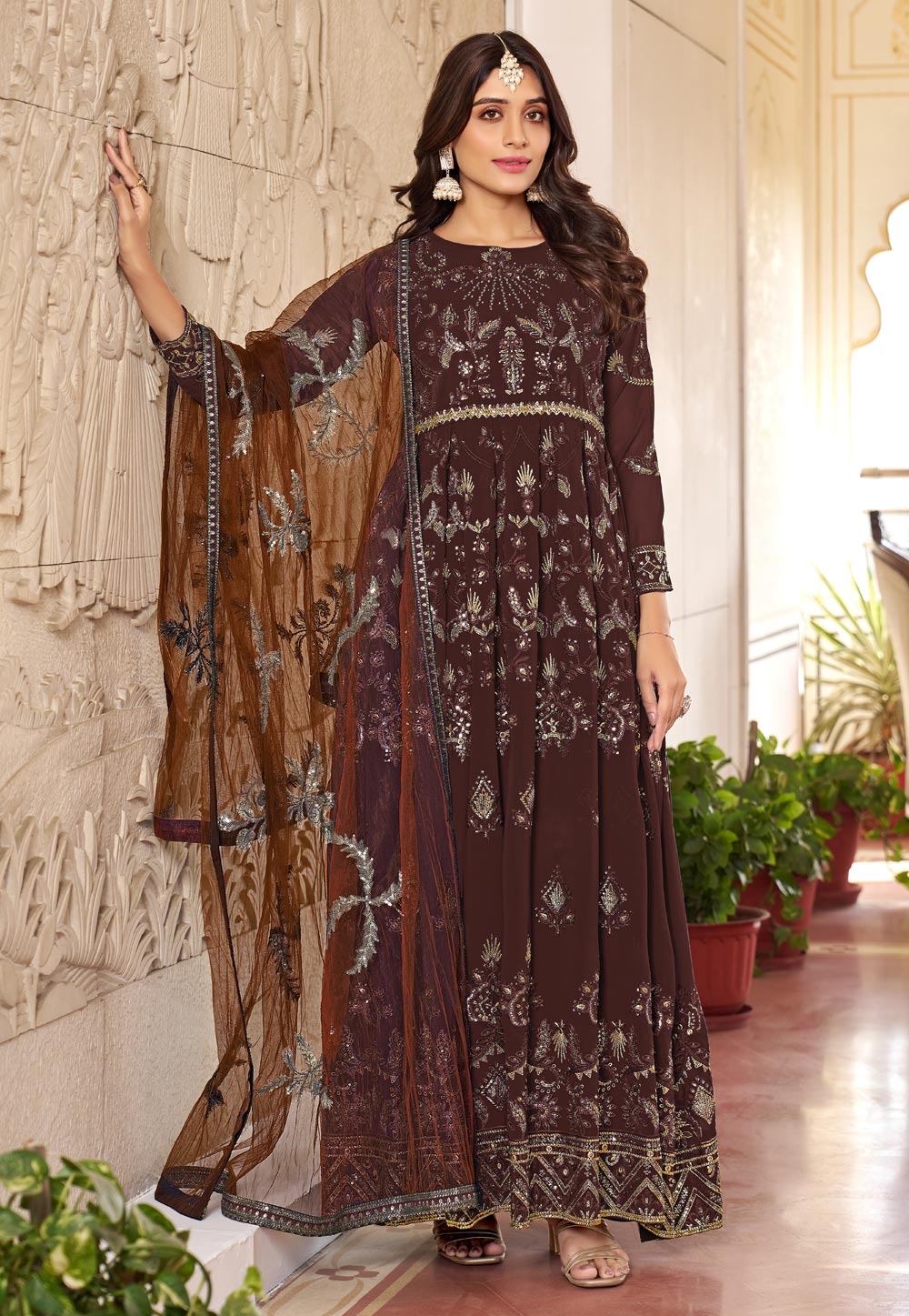 Brown Faux Georgette Anarkali Suit 282040
