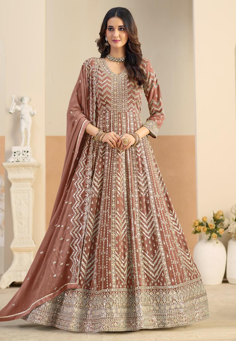 Brown Faux Georgette Embroidered Floor Length Anarkali Suit 325579