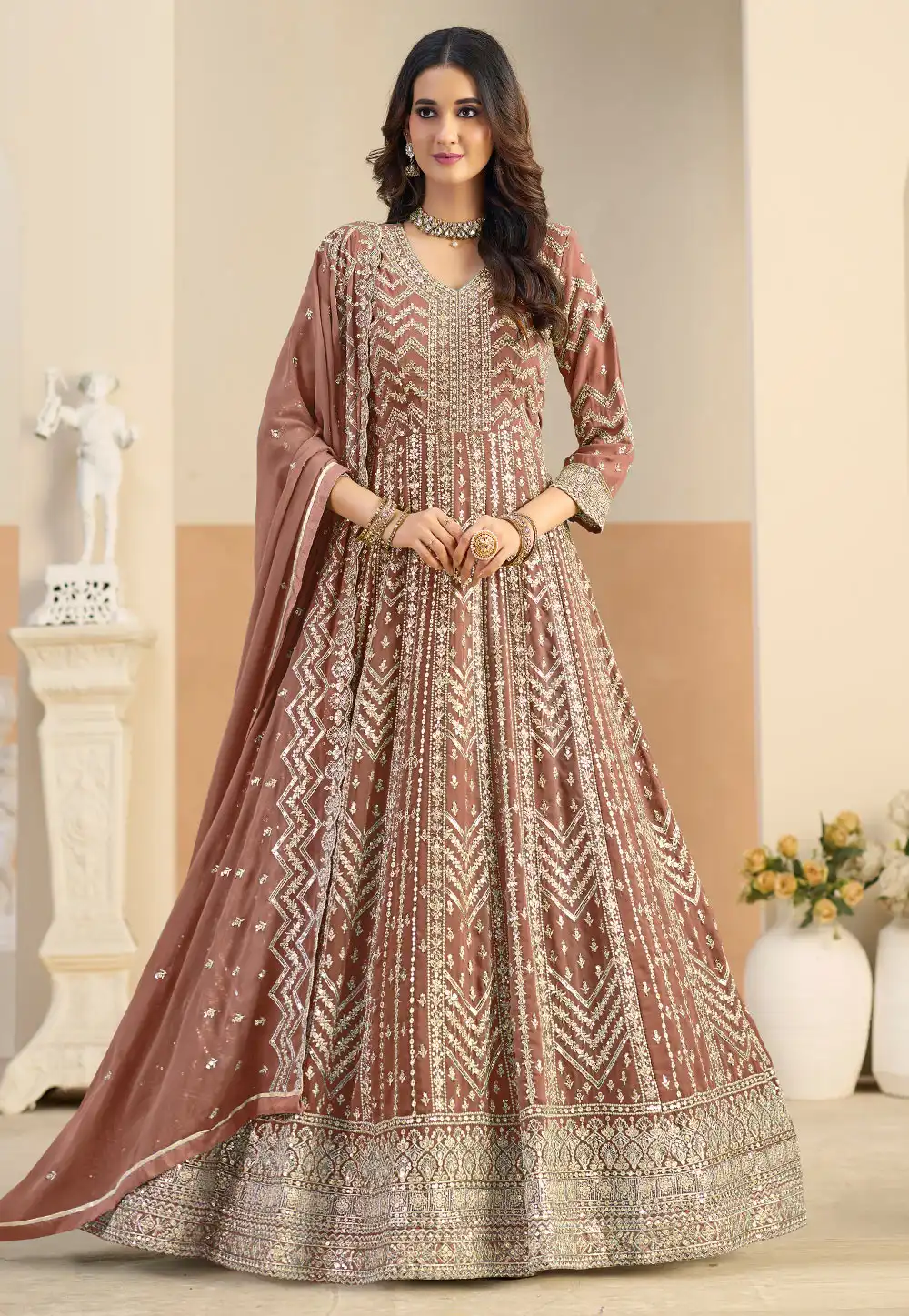Brown Faux Georgette Embroidered Floor Length Anarkali Suit 325579