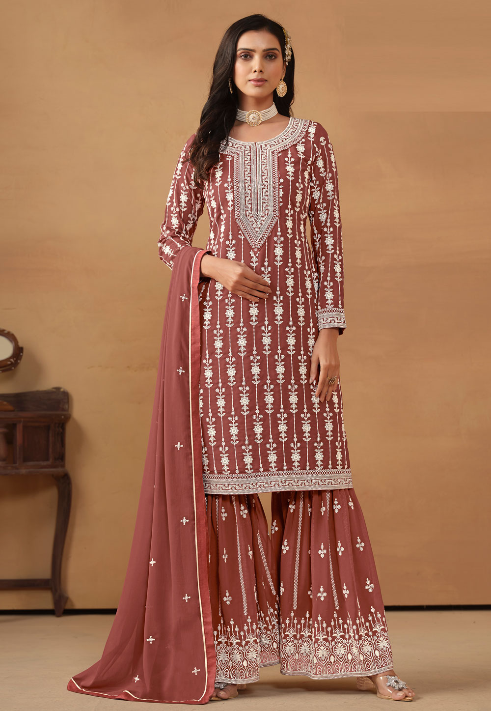 Brown Faux Georgette Gharara Suit 281545