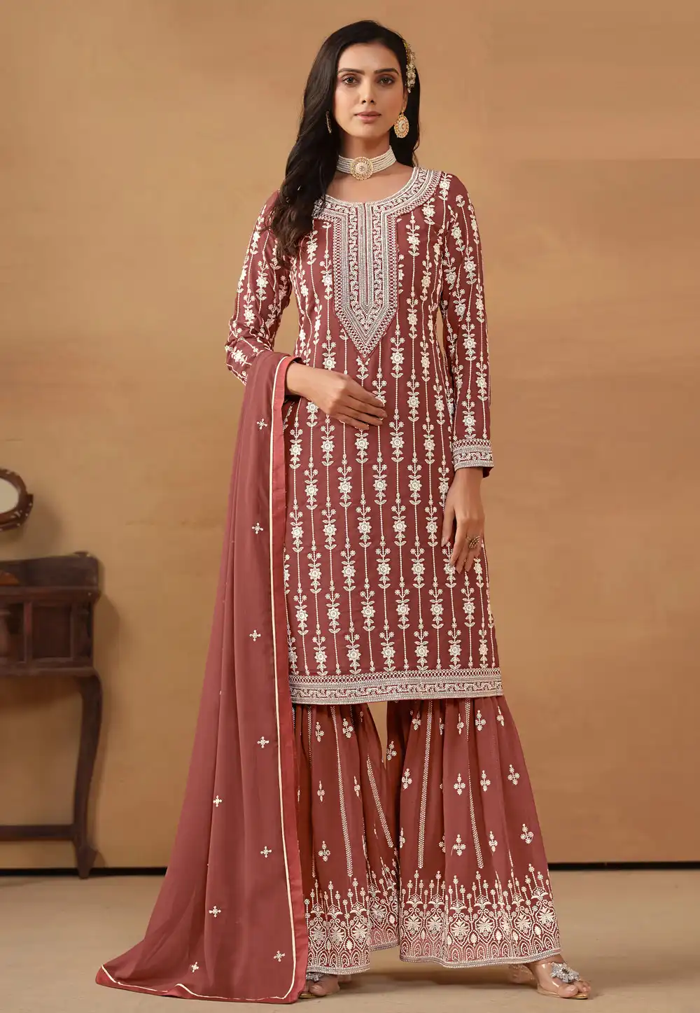 Brown Faux Georgette Gharara Suit 281545