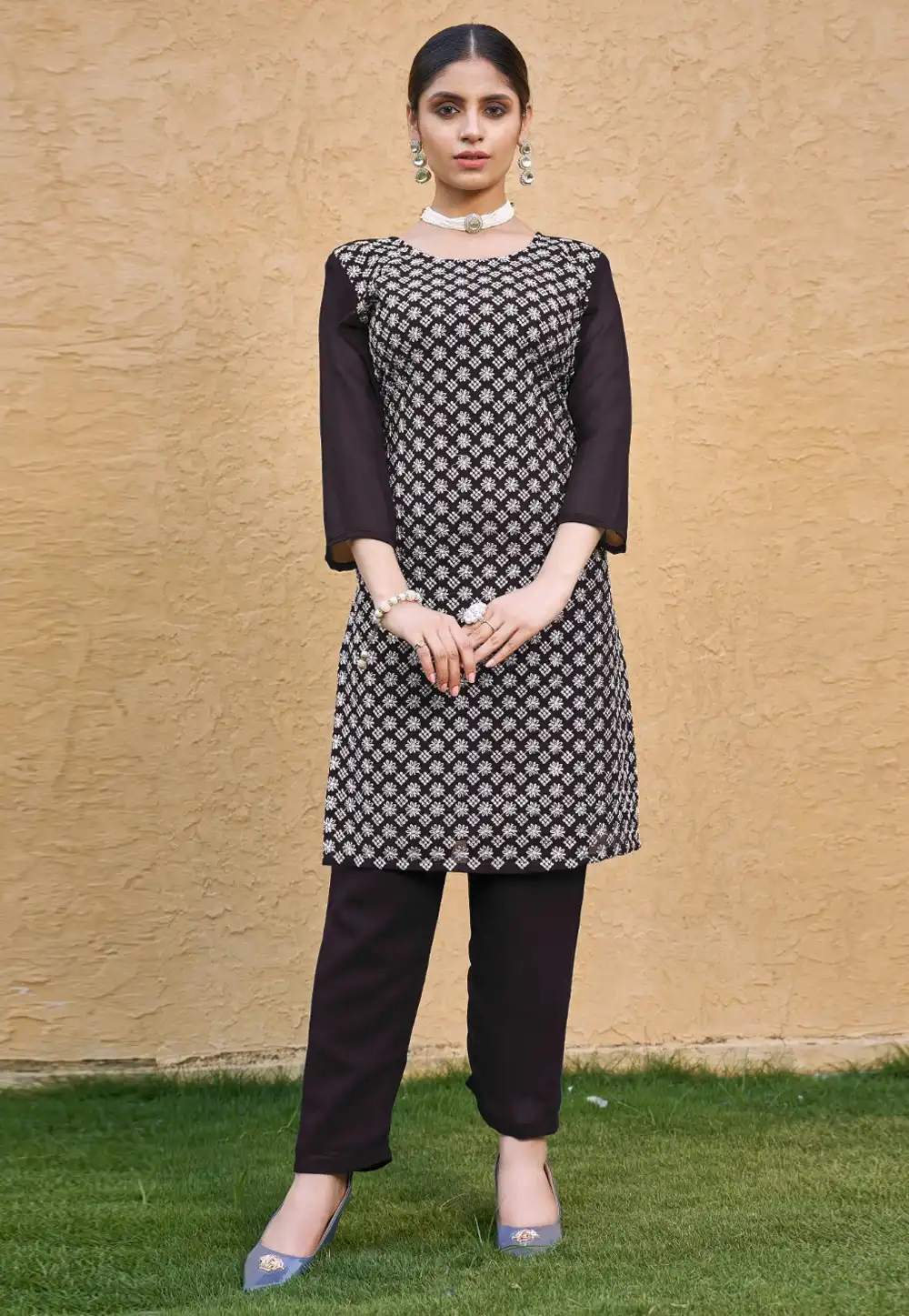 Brown Faux Georgette Kurta Set With Pant 311764