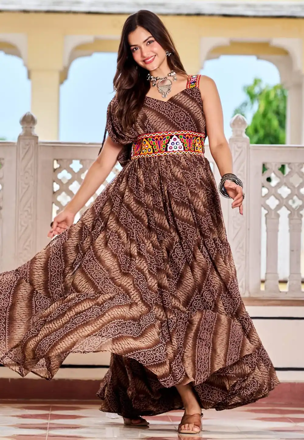 Brown Faux Georgette Navratri Wear Gown 316708