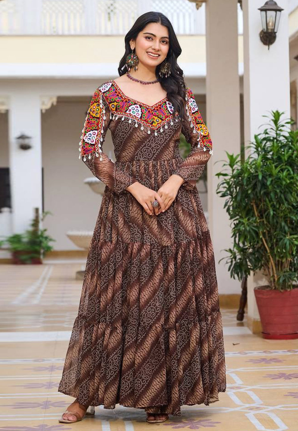 Brown Faux Georgette Navratri Wear Gown 312143