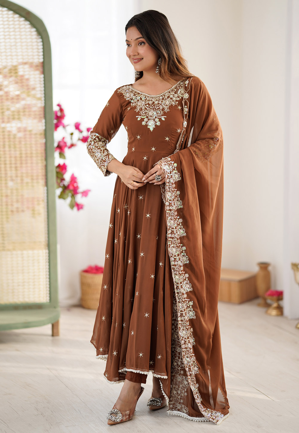Brown Faux Georgette Readymade Anarkali Suit 329794