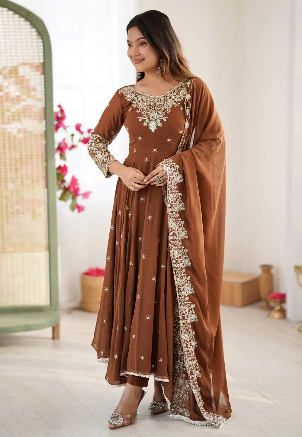 Brown Faux Georgette Readymade Anarkali Suit 329794