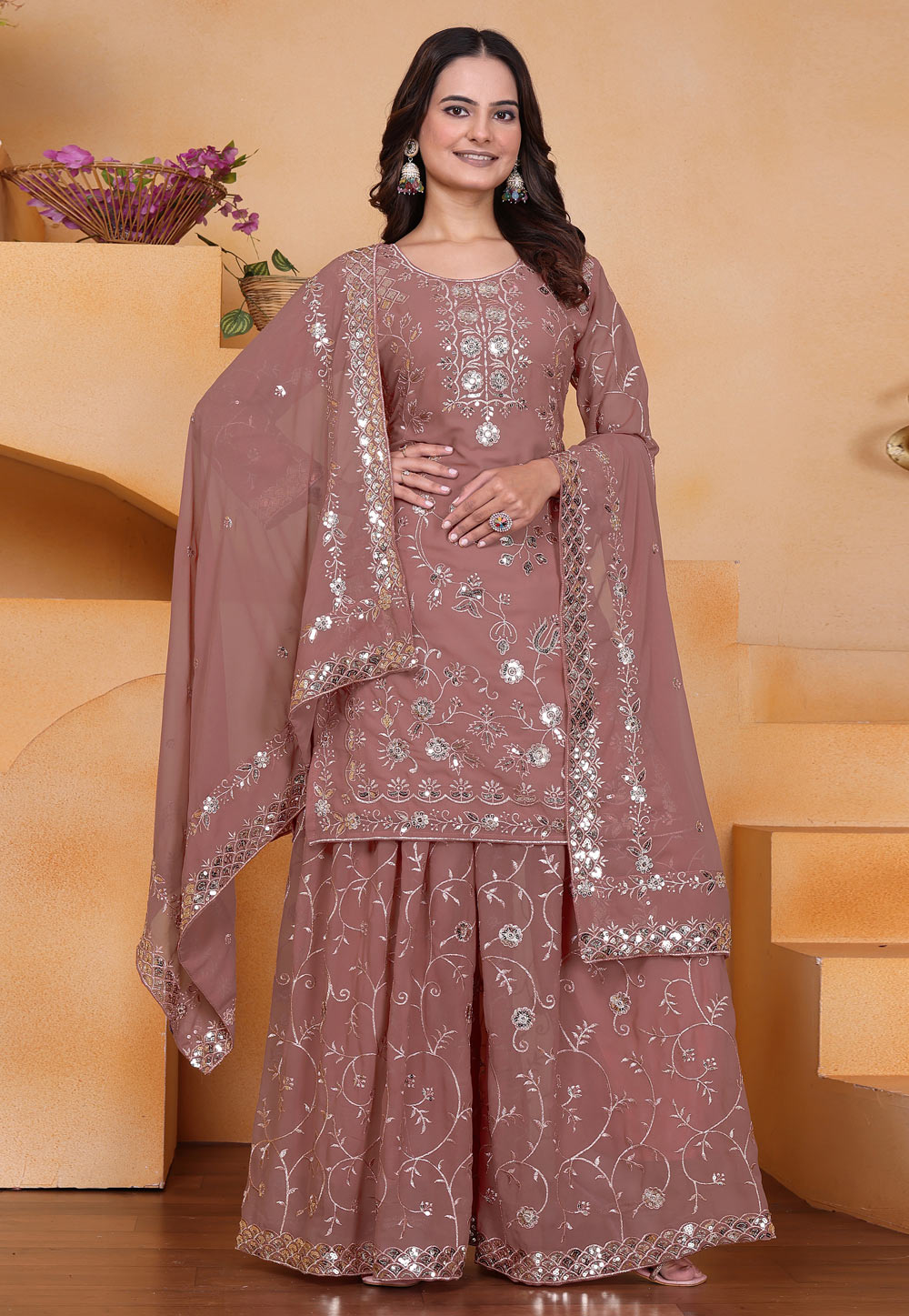 Brown Faux Georgette Readymade Pakistani Suit 324444