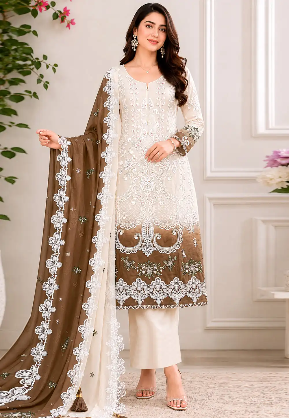 Brown Georgette Embroidered Pakistani Suit 330362