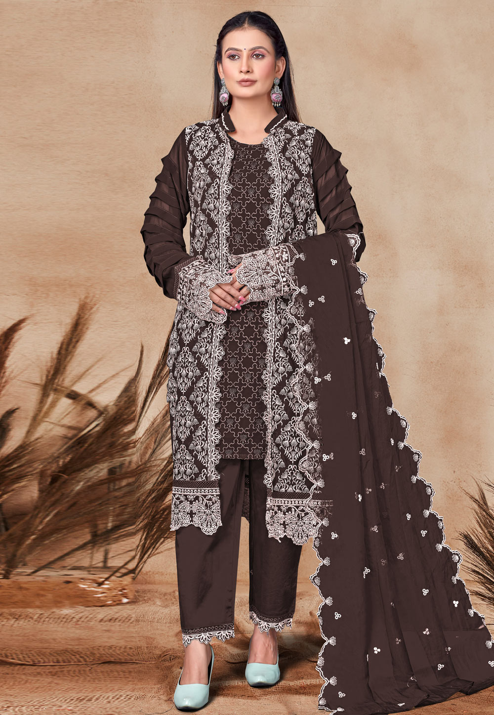 Brown Georgette Embroidered Pant Style Suit 307480