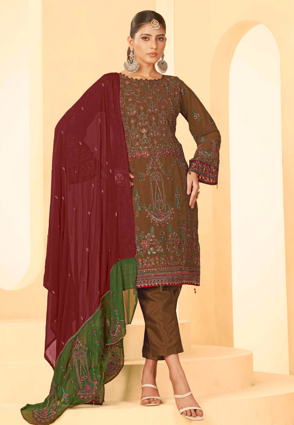 Brown Georgette Pant Style Suit 282394