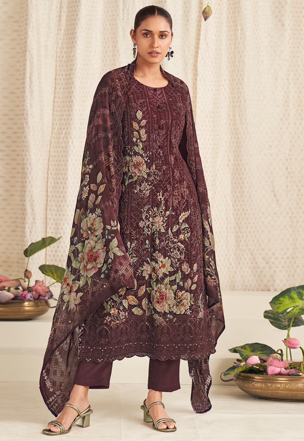 Brown Georgette Pant Style Suit 320915