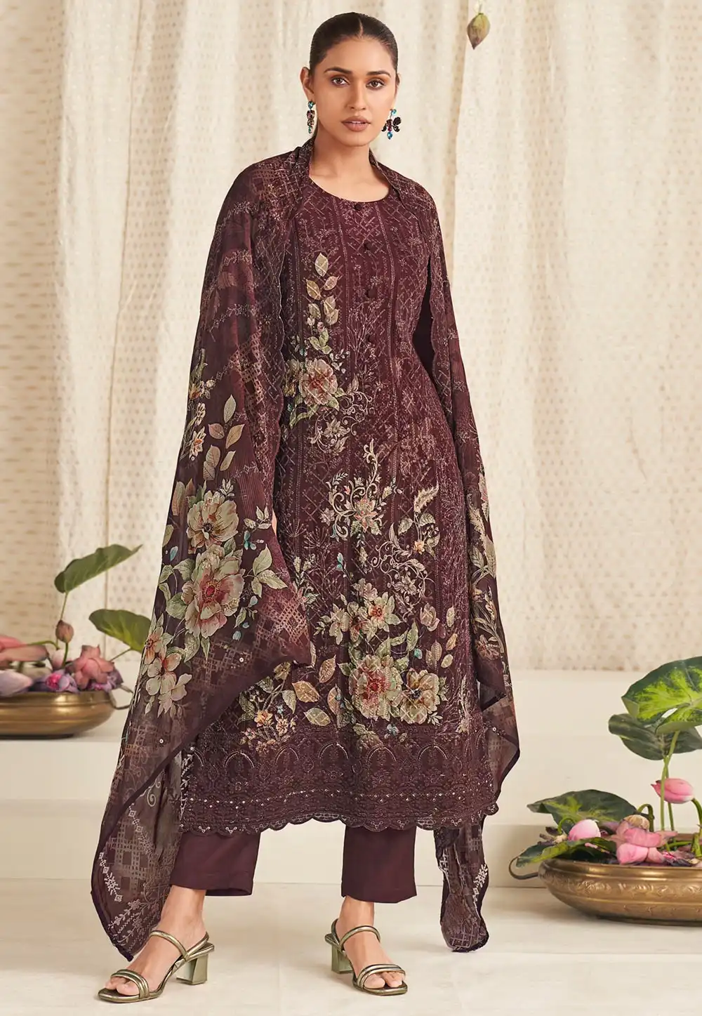 Brown Georgette Pant Style Suit 320915