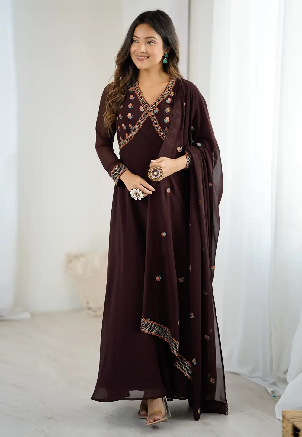 Brown Georgette Readymade Anarkali Suit 317531