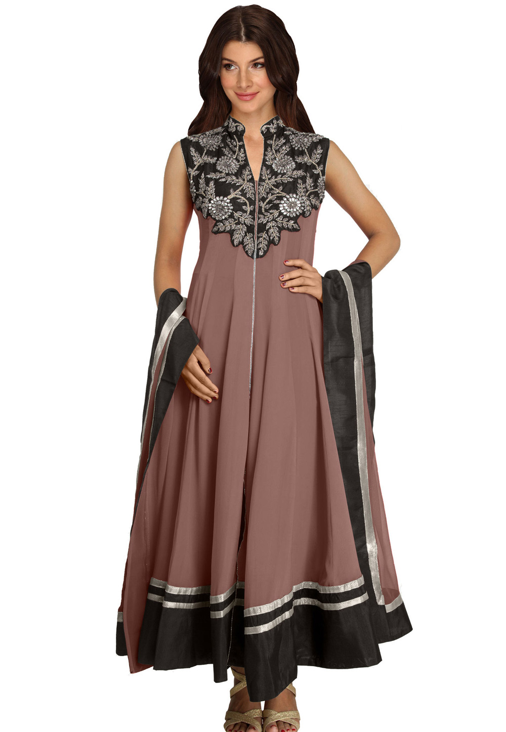 Brown Georgette Readymade Long Anarkali Suit 321784