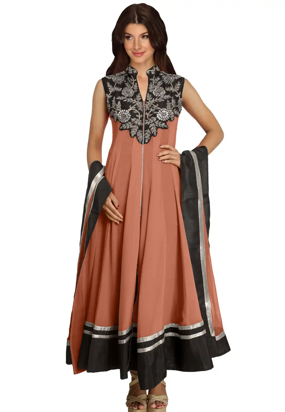 Brown Georgette Readymade Long Anarkali Suit 321786