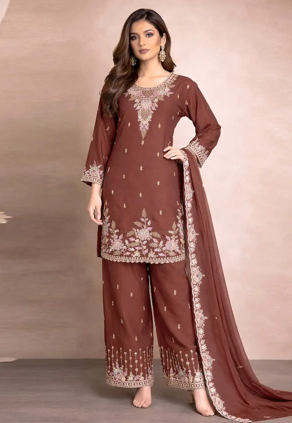 Brown Georgette Readymade Palazzo Suit 330923
