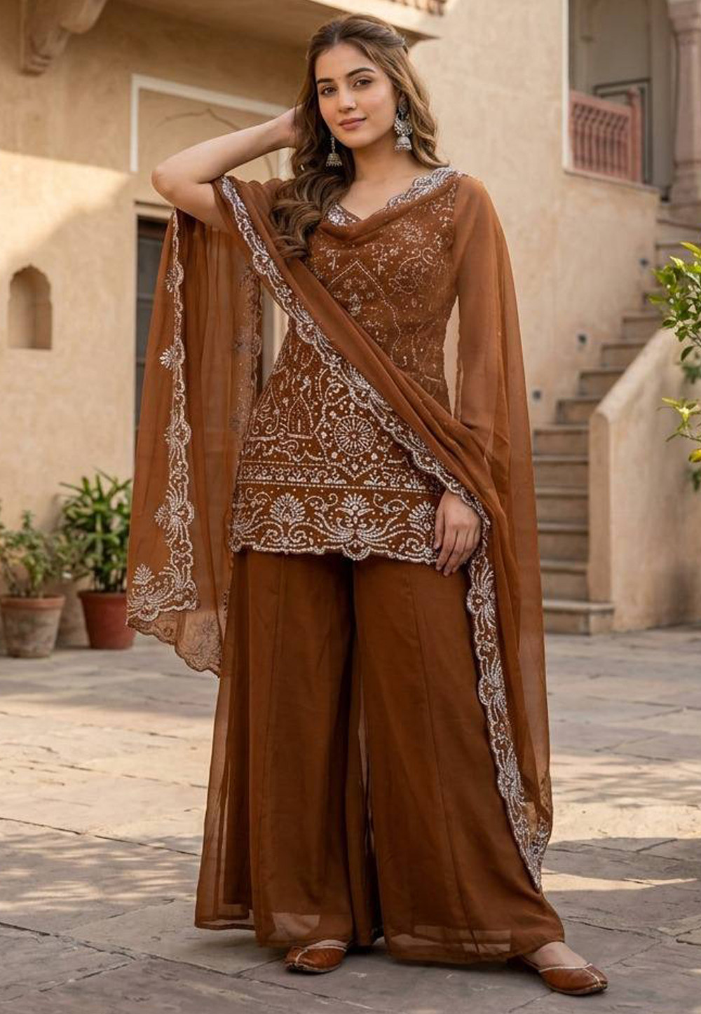 Brown Georgette Readymade Palazzo Suit 328960