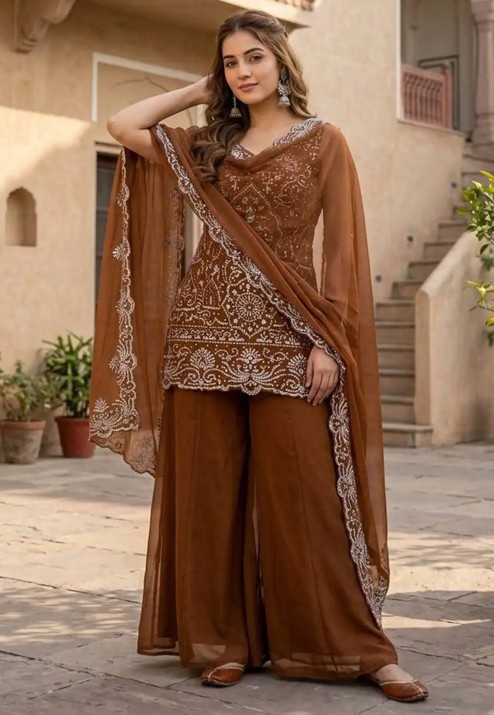 Brown Georgette Readymade Palazzo Suit 328960
