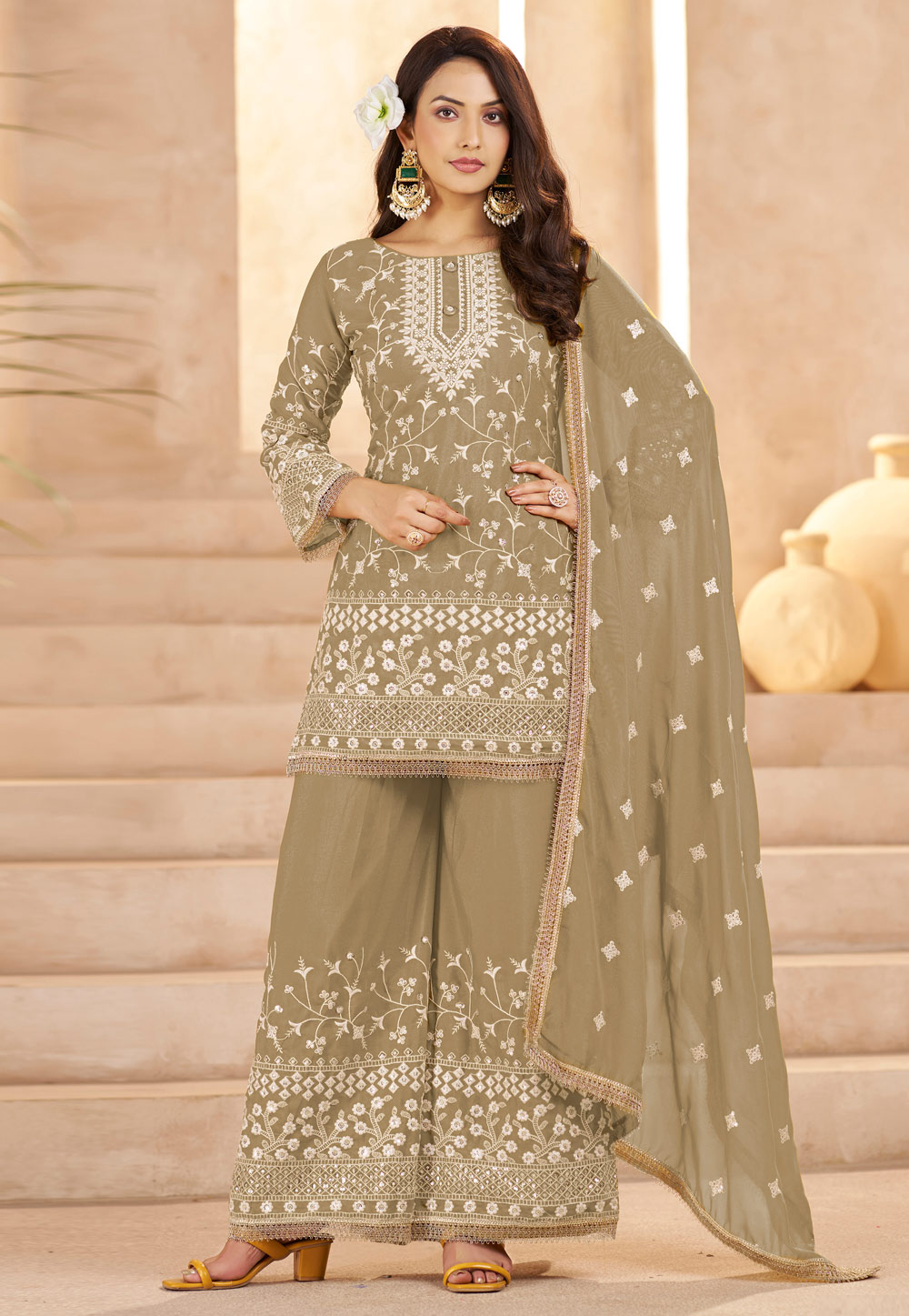 Brown Georgette Readymade Palazzo Suit 322983