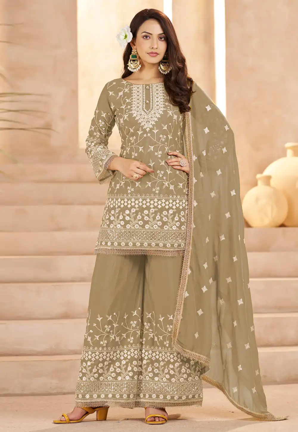 Brown Georgette Readymade Palazzo Suit 322983