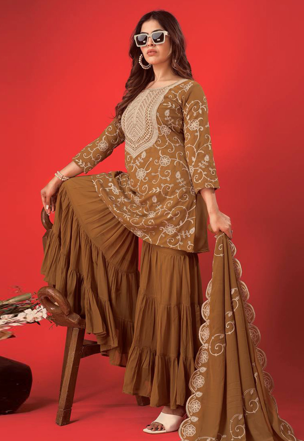 Brown Georgette Readymade Sharara Suit 307893