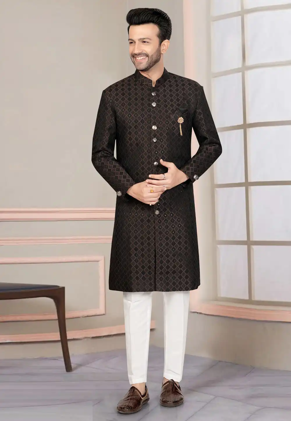 Brown Jacquard Indo Western Suit 316116