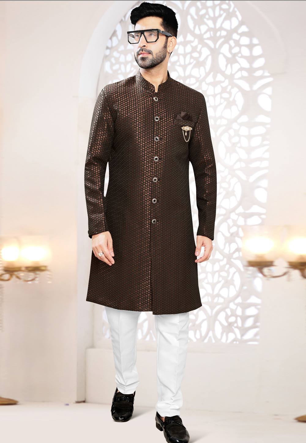 Brown Jacquard Indo Western Suit 306424