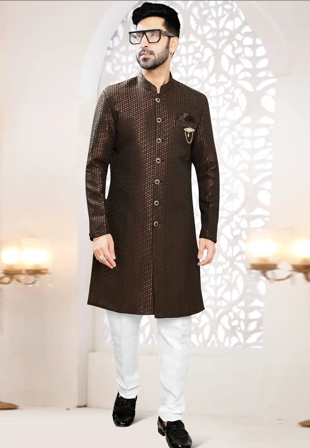 Brown Jacquard Indo Western Suit 306424