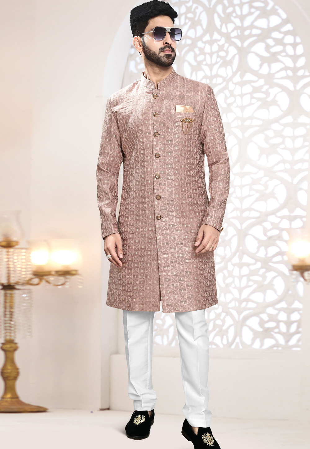 Brown Jacquard Indo Western Suit 306435