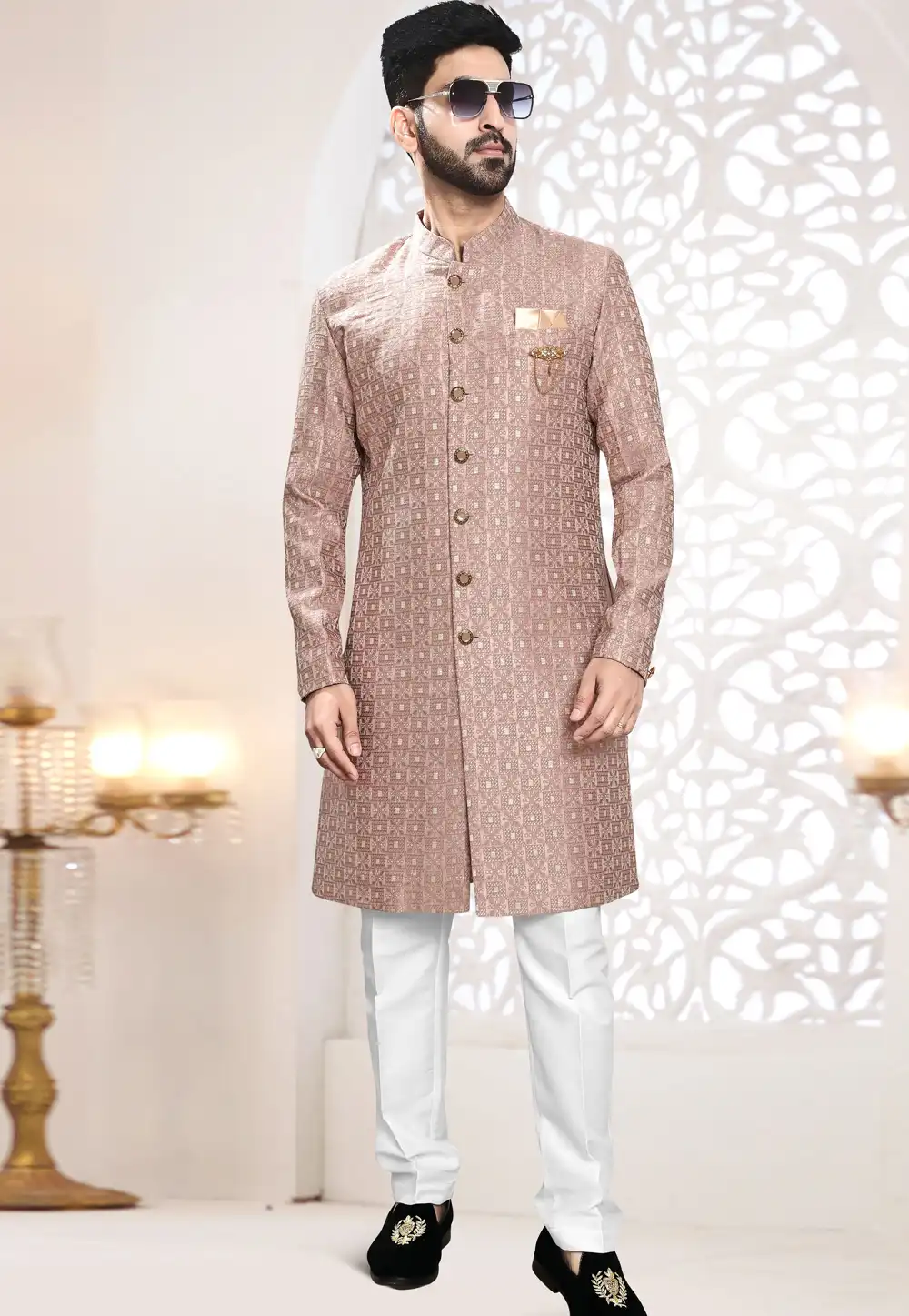 Brown Jacquard Indo Western Suit 306435