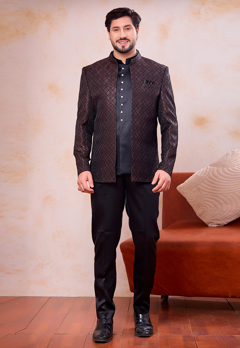 Brown Jacquard Jodhpuri Suit 327093