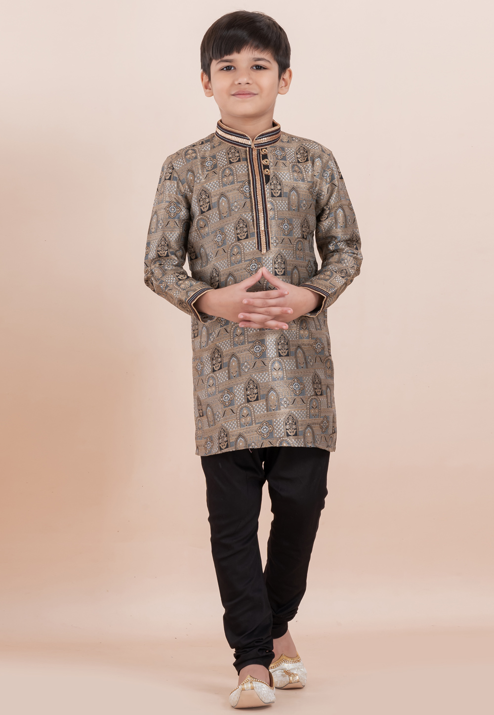 Brown Jacquard Silk Kids Kurta Pajama 305987