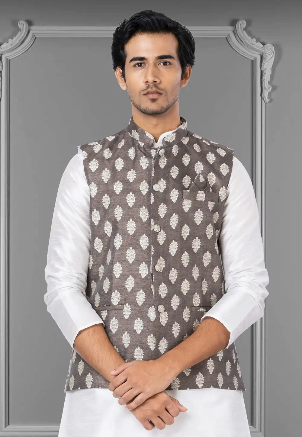 Brown Jacquard Silk Nehru Jacket 286943