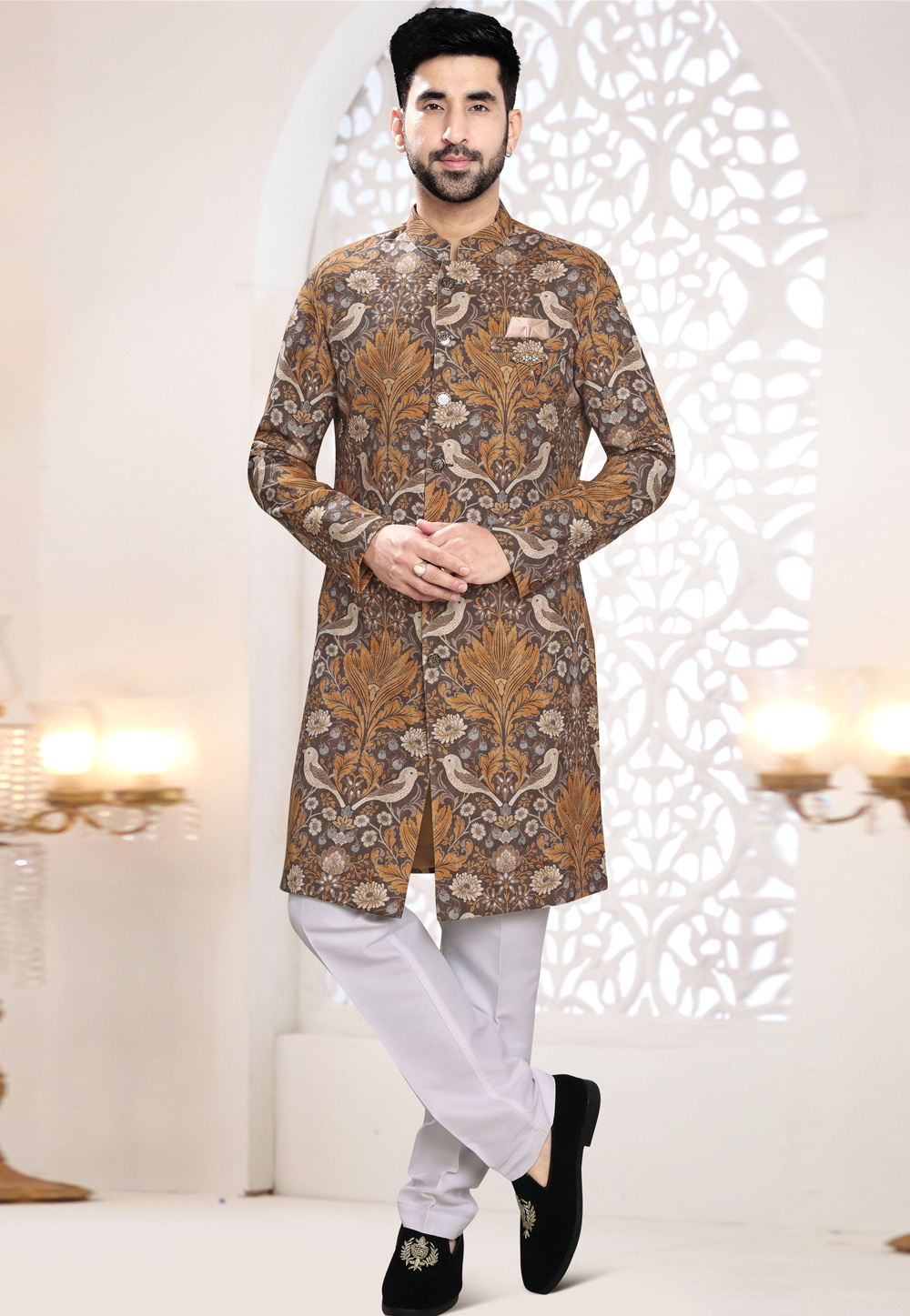 Brown Linen Indo Western Suit 306430