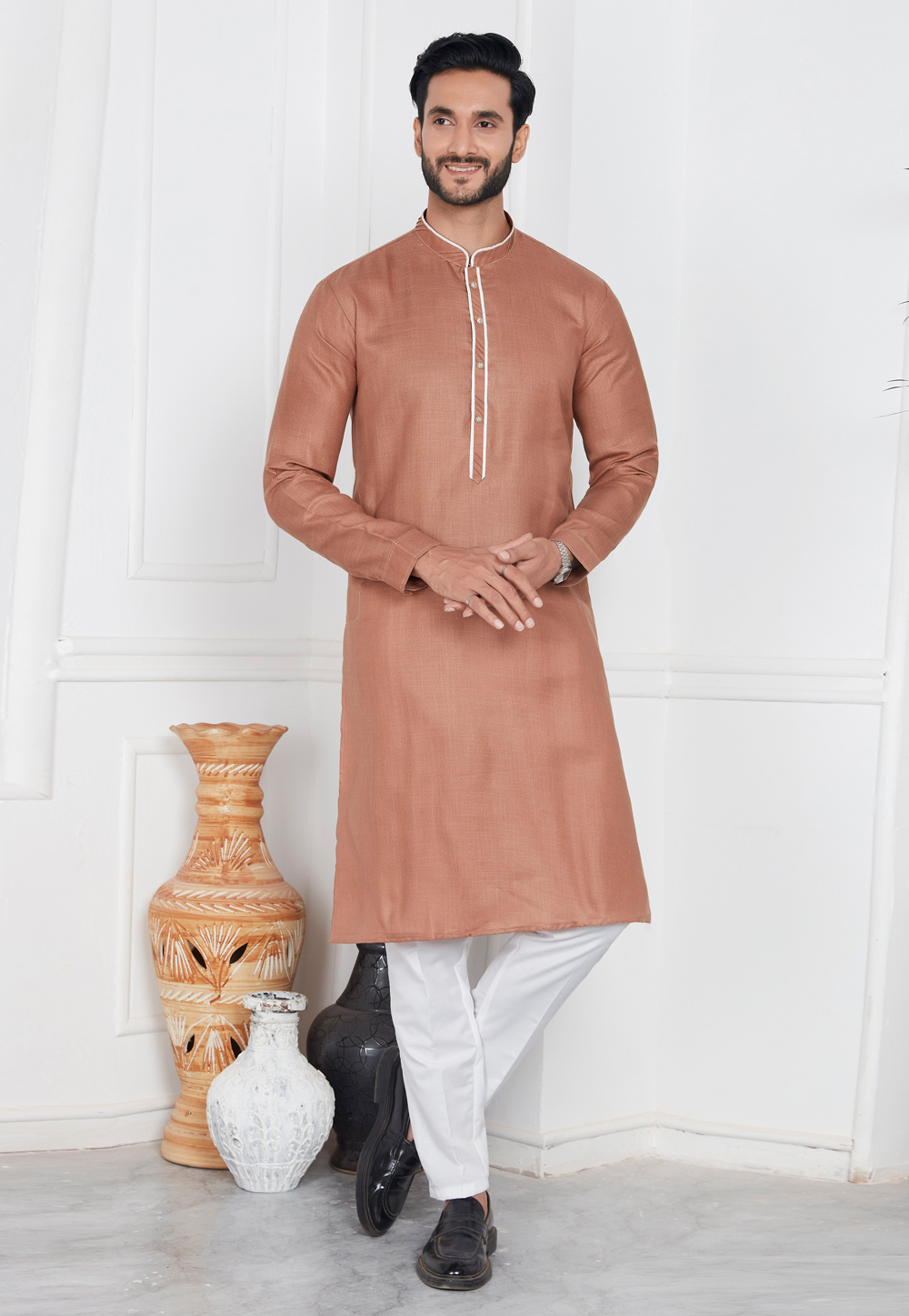 Brown Linen Kurta Pajama 283372