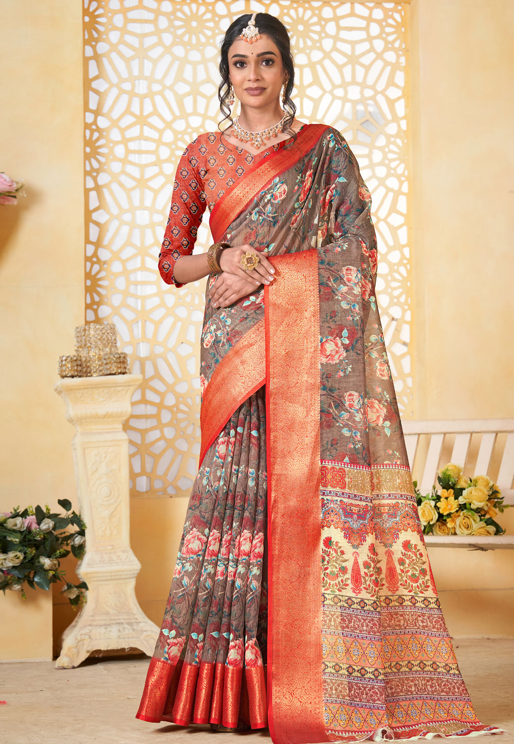 Brown Linen Saree With Blouse 307703