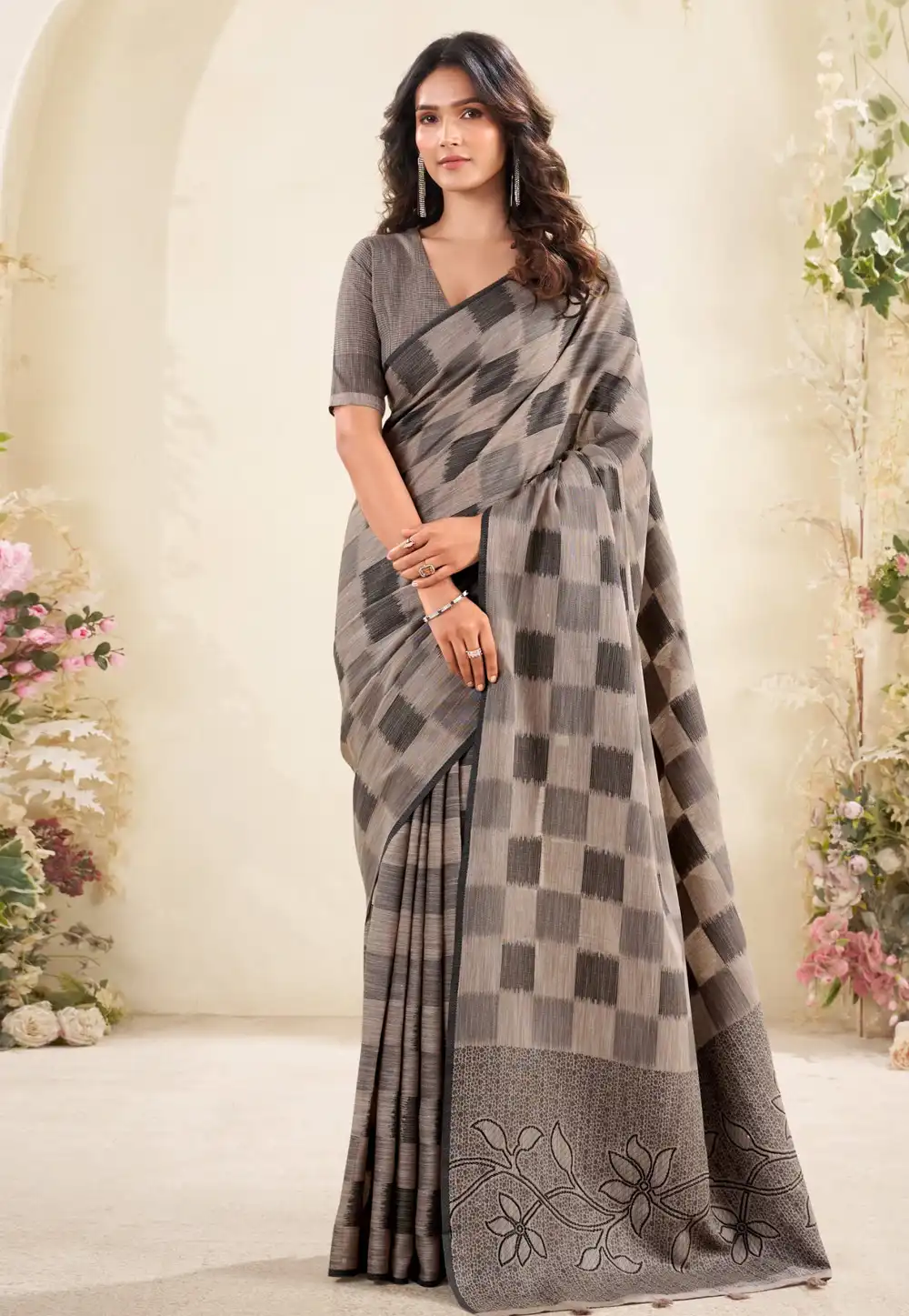 Brown Linen Saree With Blouse 316617